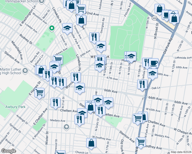 map of restaurants, bars, coffee shops, grocery stores, and more near 6642 Ogontz Avenue in Philadelphia