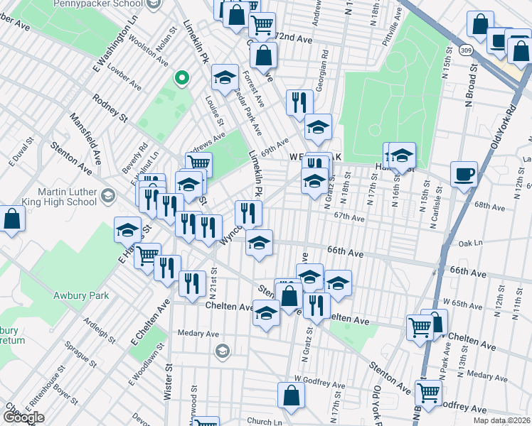 map of restaurants, bars, coffee shops, grocery stores, and more near 6646 North 20th Street in Philadelphia