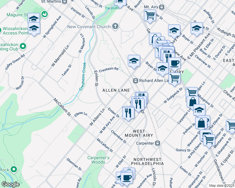 map of restaurants, bars, coffee shops, grocery stores, and more near 7222 Lincoln Drive in Philadelphia