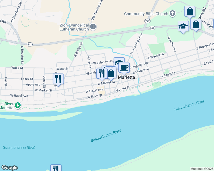 map of restaurants, bars, coffee shops, grocery stores, and more near 133 West Market Street in Marietta