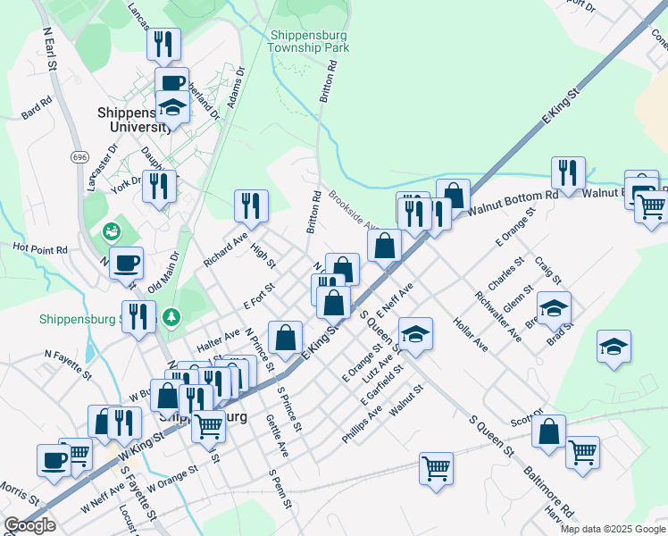 map of restaurants, bars, coffee shops, grocery stores, and more near 27 North Queen Street in Shippensburg