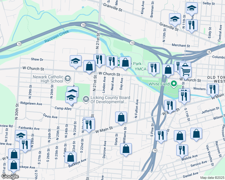map of restaurants, bars, coffee shops, grocery stores, and more near 163 Neal Avenue in Newark