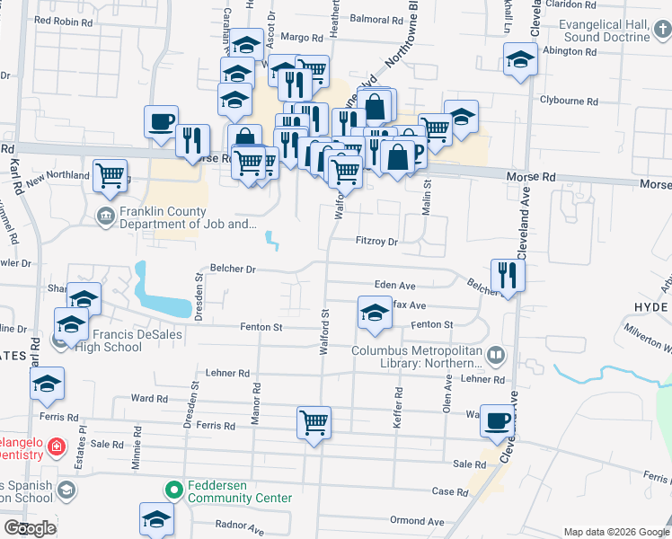 map of restaurants, bars, coffee shops, grocery stores, and more near 2071 Belcher Drive in Columbus