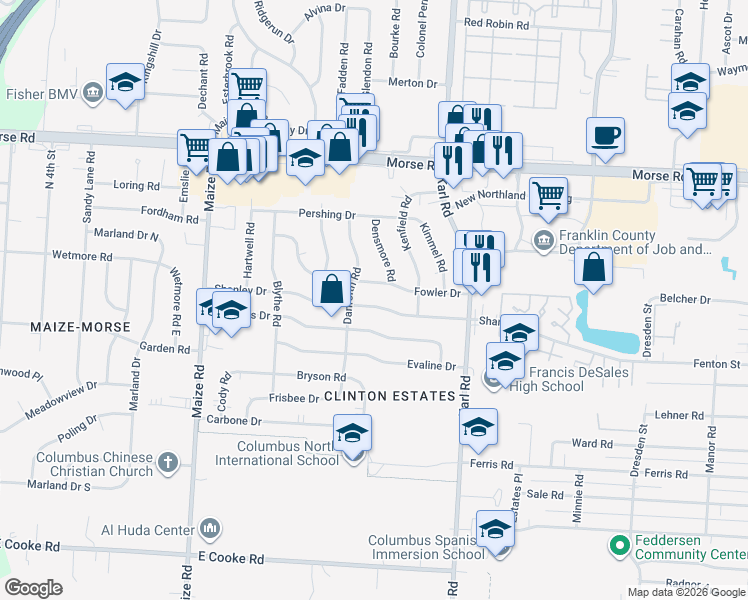 map of restaurants, bars, coffee shops, grocery stores, and more near in Columbus