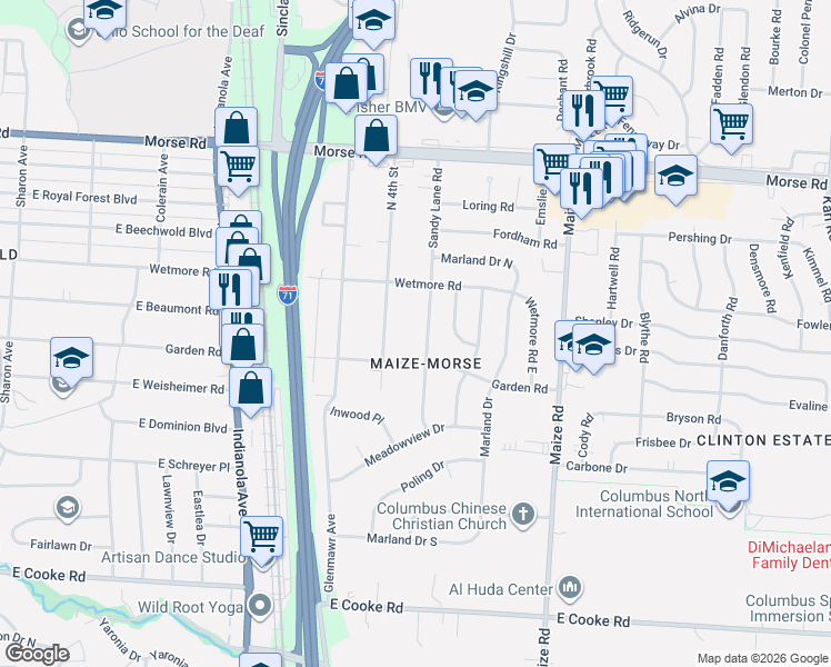 map of restaurants, bars, coffee shops, grocery stores, and more near 4433 Sandy Lane Road in Columbus