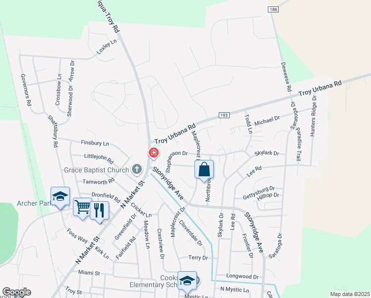 map of restaurants, bars, coffee shops, grocery stores, and more near 1209 Stephenson Drive in Troy