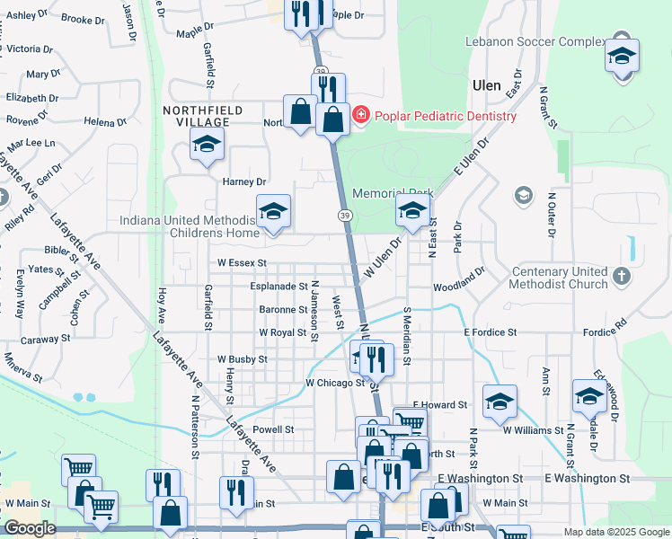 map of restaurants, bars, coffee shops, grocery stores, and more near 1015 North Jameson Street in Lebanon