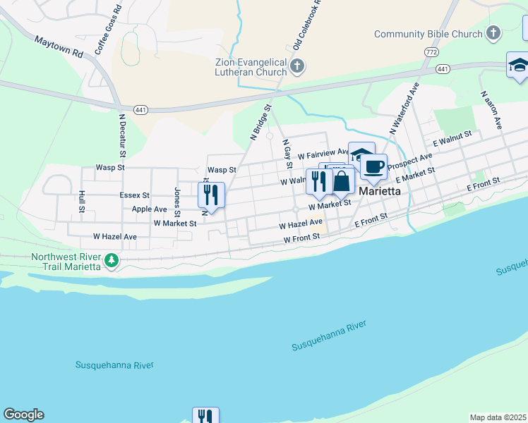 map of restaurants, bars, coffee shops, grocery stores, and more near 254 West Market Street in Marietta