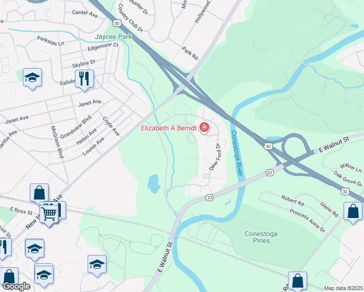 map of restaurants, bars, coffee shops, grocery stores, and more near 1 Knollwood Drive in Lancaster