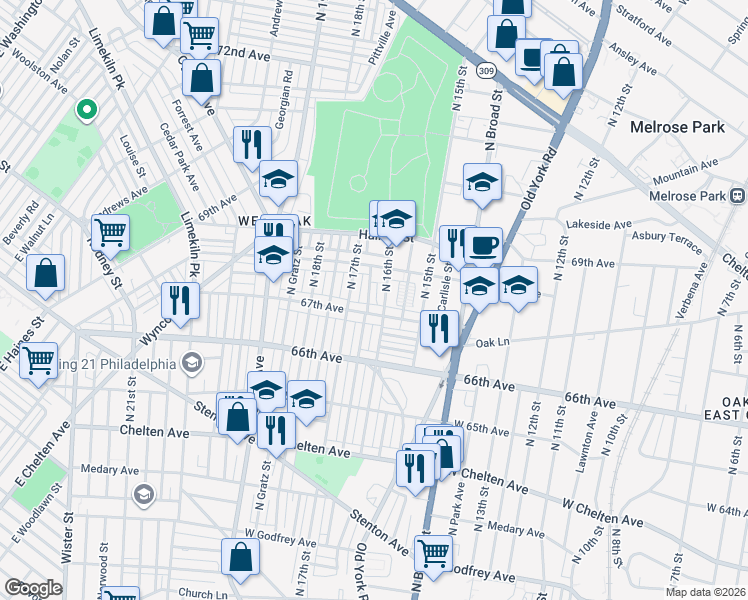map of restaurants, bars, coffee shops, grocery stores, and more near 6710 North Smedley Street in Philadelphia