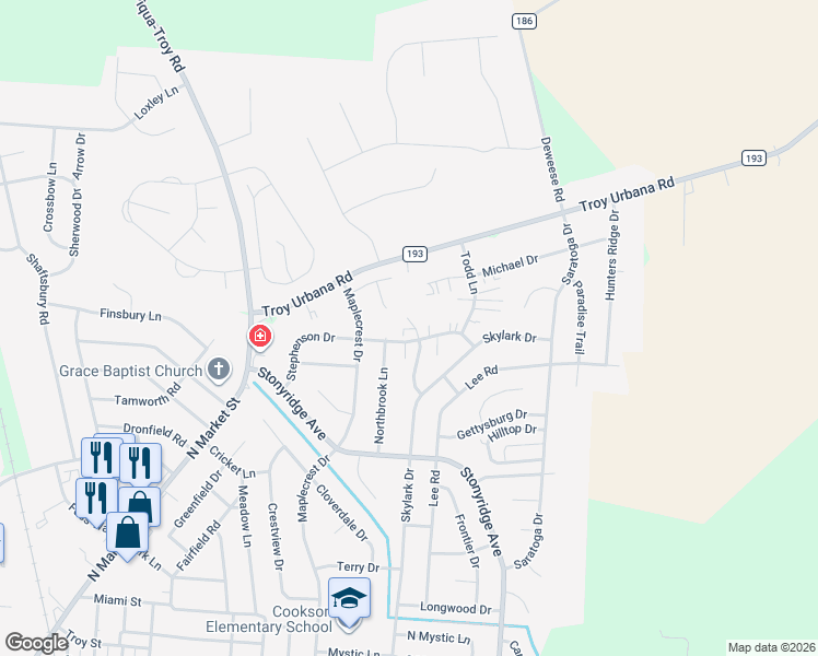 map of restaurants, bars, coffee shops, grocery stores, and more near 1200 Bunker Hill Court in Troy