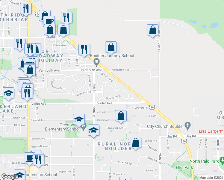 map of restaurants, bars, coffee shops, grocery stores, and more near 140 Blueberry Circle in Boulder