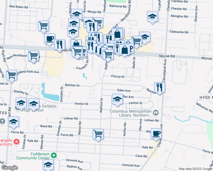 map of restaurants, bars, coffee shops, grocery stores, and more near 2071 Belcher Dr in Columbus