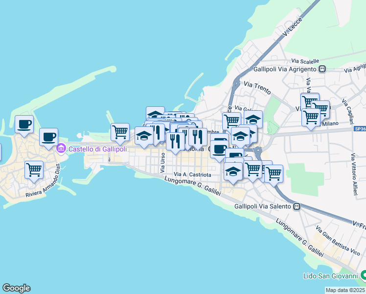 map of restaurants, bars, coffee shops, grocery stores, and more near 18 Via Gian Giacomo Russo in Gallipoli