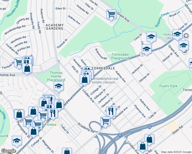 map of restaurants, bars, coffee shops, grocery stores, and more near 9309 Frankford Avenue in Philadelphia