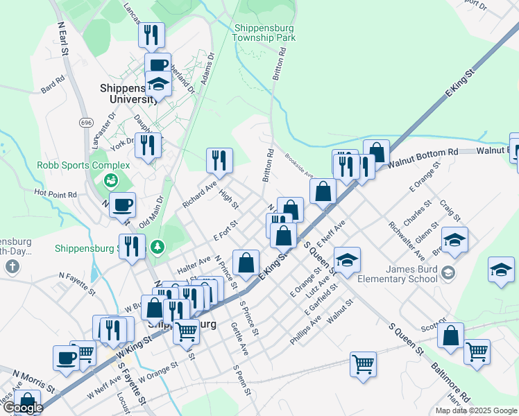 map of restaurants, bars, coffee shops, grocery stores, and more near 344 East Fort Street in Shippensburg