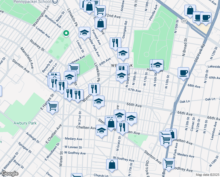 map of restaurants, bars, coffee shops, grocery stores, and more near 6659 North 20th Street in Philadelphia