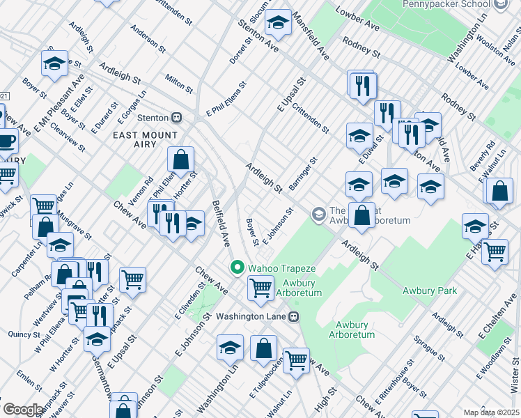 map of restaurants, bars, coffee shops, grocery stores, and more near 6457 Sprague Street in Philadelphia