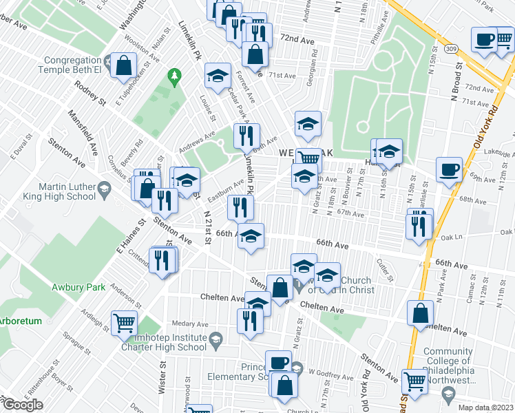 map of restaurants, bars, coffee shops, grocery stores, and more near 6648 North Opal Street in Philadelphia