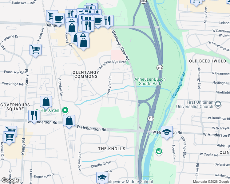 map of restaurants, bars, coffee shops, grocery stores, and more near 664 Everwood Avenue in Columbus