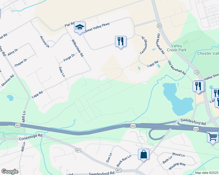 map of restaurants, bars, coffee shops, grocery stores, and more near 278 Lapp Road in Malvern