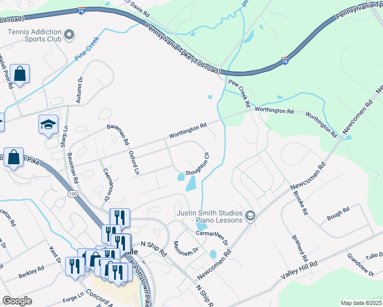 map of restaurants, bars, coffee shops, grocery stores, and more near 104 Farmhouse Drive in Exton
