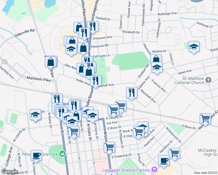 map of restaurants, bars, coffee shops, grocery stores, and more near 1310 Marshall Avenue in Lancaster