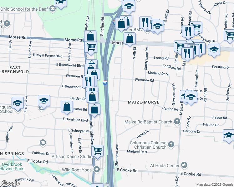 map of restaurants, bars, coffee shops, grocery stores, and more near 4451 Glenmawr Avenue in Columbus