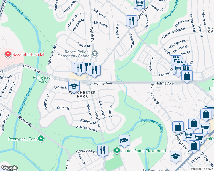 map of restaurants, bars, coffee shops, grocery stores, and more near 3032 Holme Avenue in Philadelphia