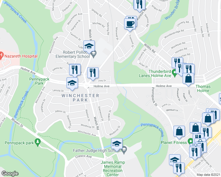 map of restaurants, bars, coffee shops, grocery stores, and more near 3038 Holme Avenue in Philadelphia