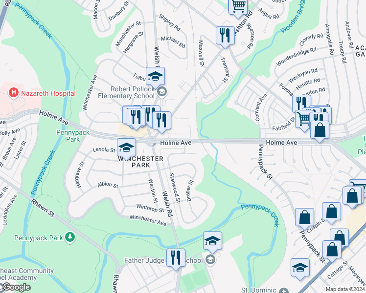 map of restaurants, bars, coffee shops, grocery stores, and more near 3032 Holme Avenue in Philadelphia