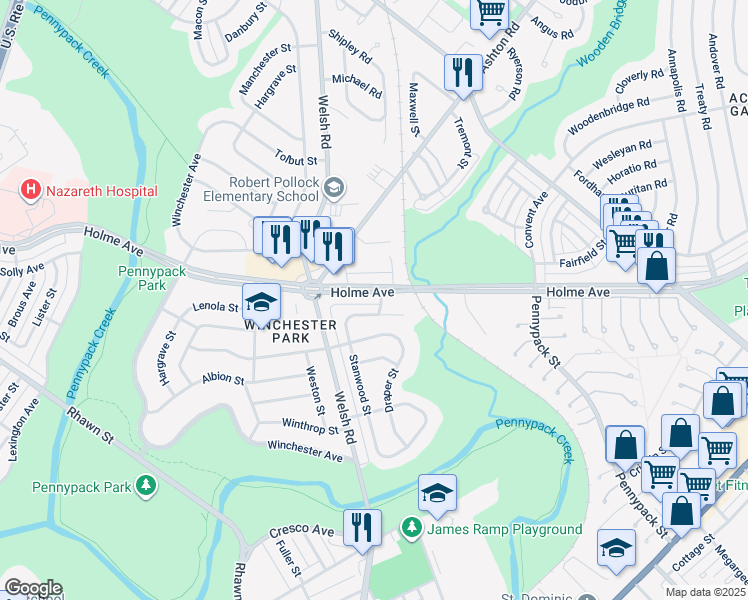 map of restaurants, bars, coffee shops, grocery stores, and more near 3030 Holme Avenue in Philadelphia