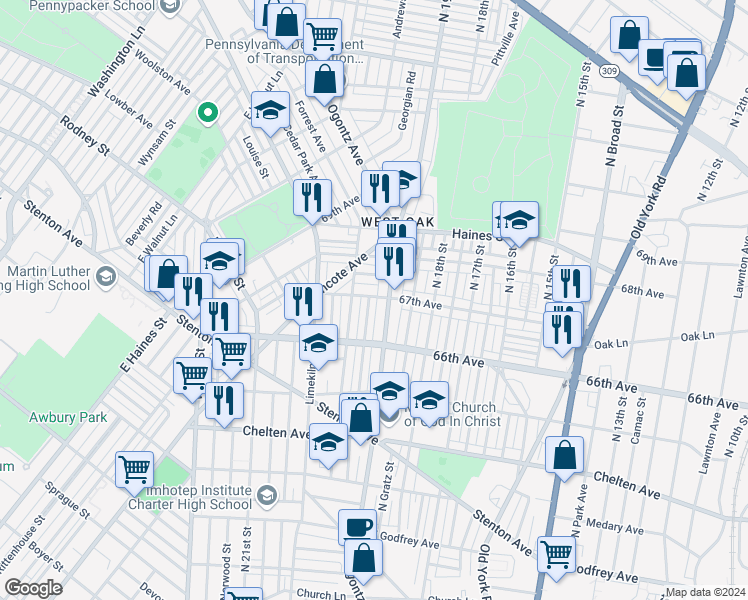 map of restaurants, bars, coffee shops, grocery stores, and more near 6661 North Uber Street in Philadelphia