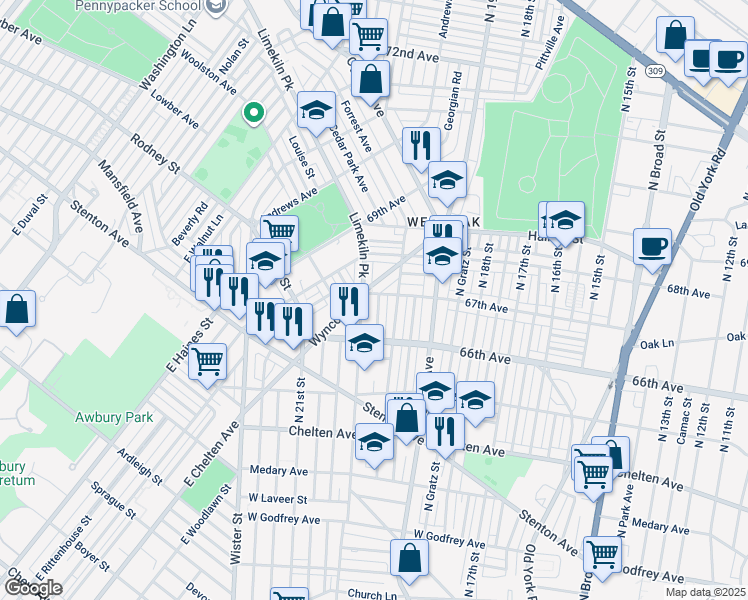 map of restaurants, bars, coffee shops, grocery stores, and more near 6648 North Opal Street in Philadelphia