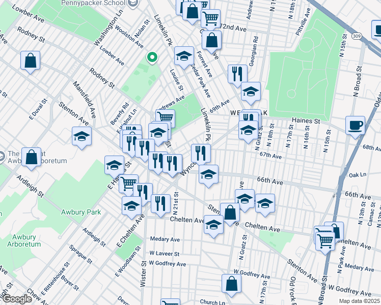map of restaurants, bars, coffee shops, grocery stores, and more near 6722 Woolston Avenue in Philadelphia