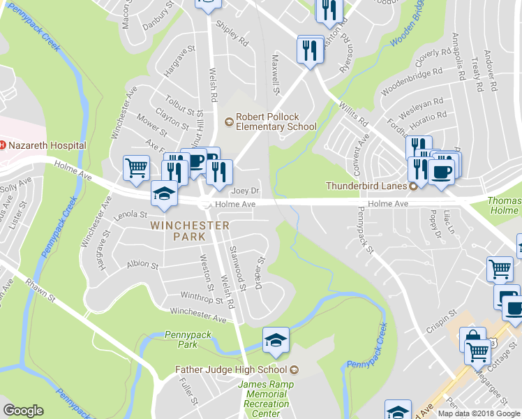 map of restaurants, bars, coffee shops, grocery stores, and more near 3038 Holme Avenue in Philadelphia