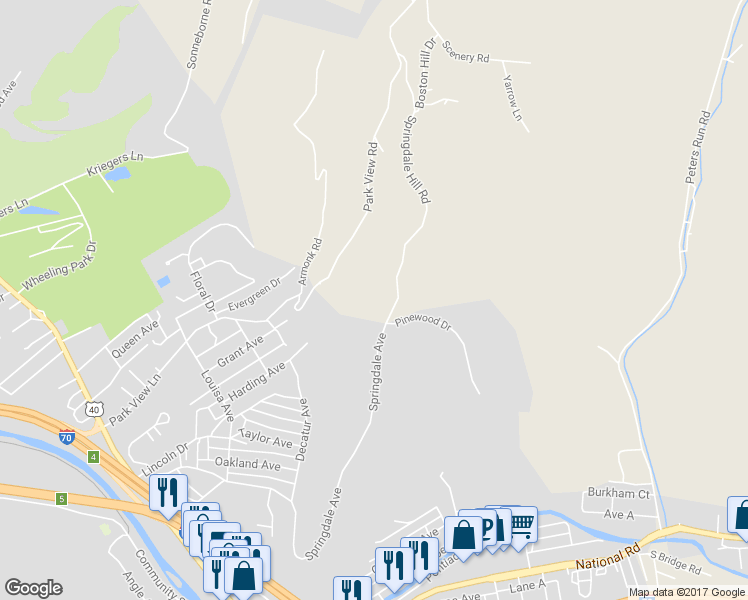 map of restaurants, bars, coffee shops, grocery stores, and more near 40 Springdale Hill Road in Wheeling