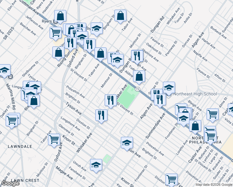 map of restaurants, bars, coffee shops, grocery stores, and more near 7214 Whitaker Avenue in Philadelphia