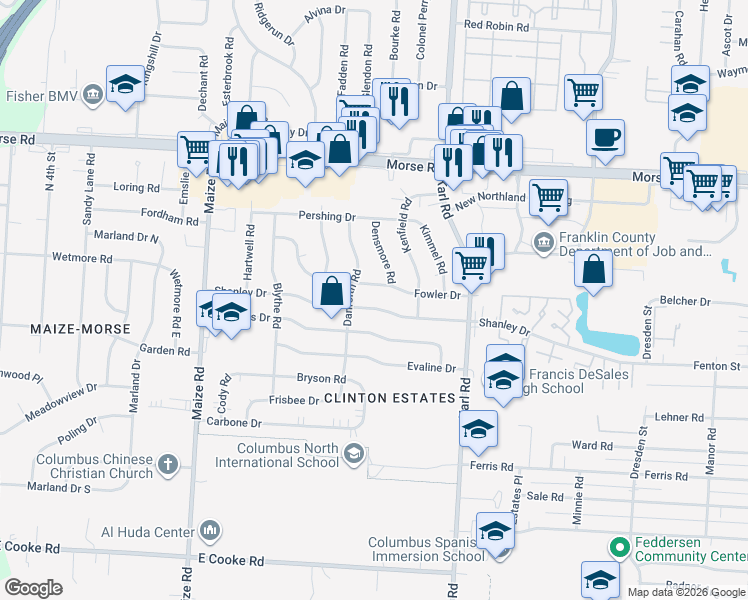 map of restaurants, bars, coffee shops, grocery stores, and more near in Columbus