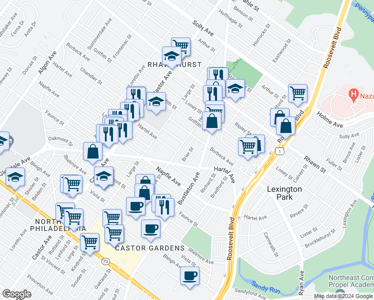 map of restaurants, bars, coffee shops, grocery stores, and more near 7824 Brier Street in Philadelphia