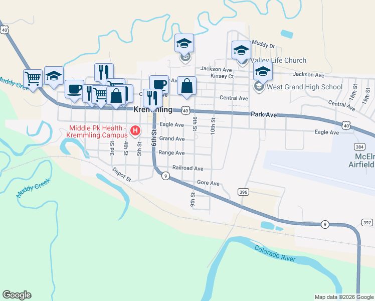 map of restaurants, bars, coffee shops, grocery stores, and more near 801 Range Avenue in Kremmling