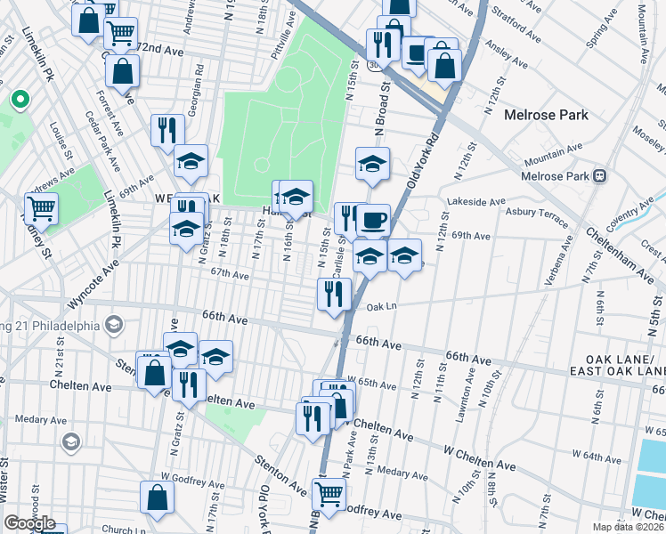 map of restaurants, bars, coffee shops, grocery stores, and more near 6715 North 15th Street in Philadelphia