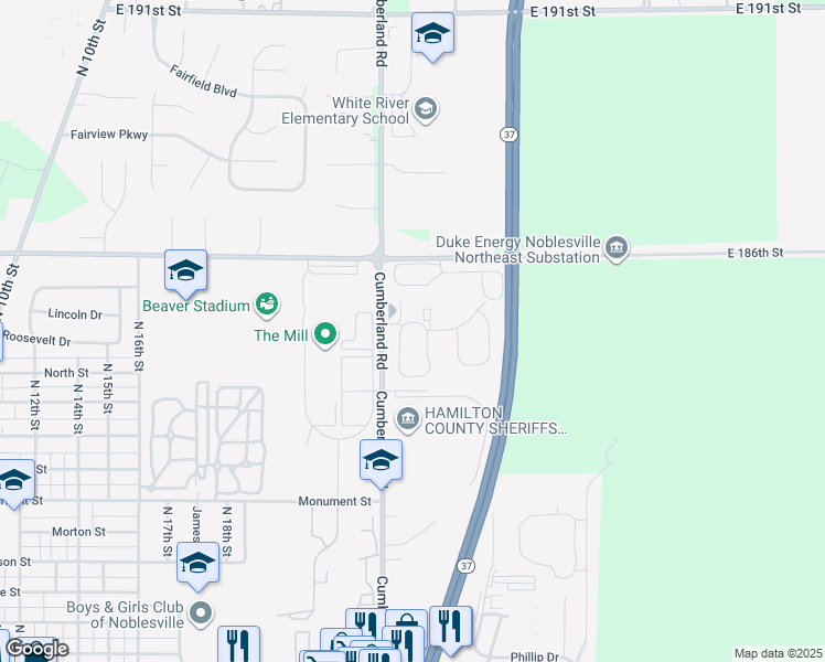 map of restaurants, bars, coffee shops, grocery stores, and more near 322 Nelson Circle in Noblesville