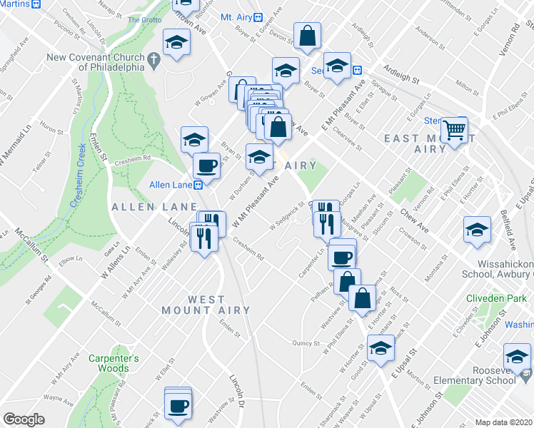 map of restaurants, bars, coffee shops, grocery stores, and more near 7029 Mower Street in Philadelphia