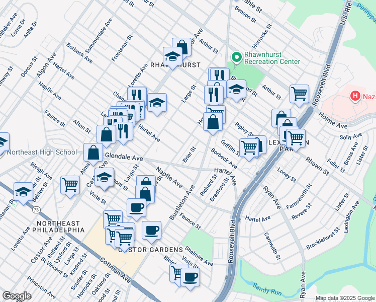 map of restaurants, bars, coffee shops, grocery stores, and more near 7824 Brier Street in Philadelphia