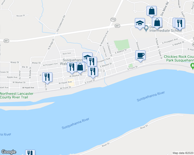 map of restaurants, bars, coffee shops, grocery stores, and more near 104 East Front Street in Marietta