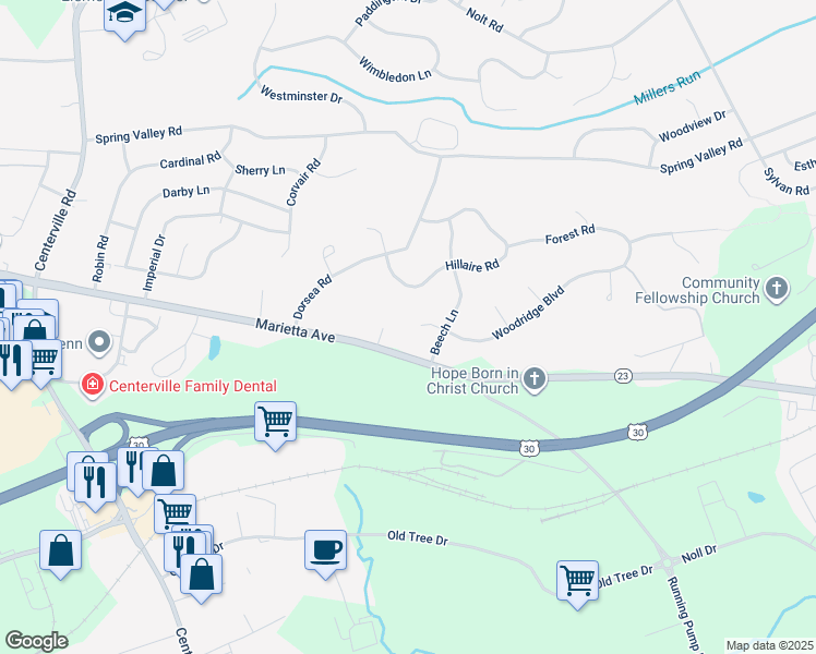 map of restaurants, bars, coffee shops, grocery stores, and more near 1040 Woodridge Boulevard in Lancaster