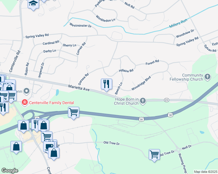 map of restaurants, bars, coffee shops, grocery stores, and more near 1040 Woodridge Boulevard in Lancaster