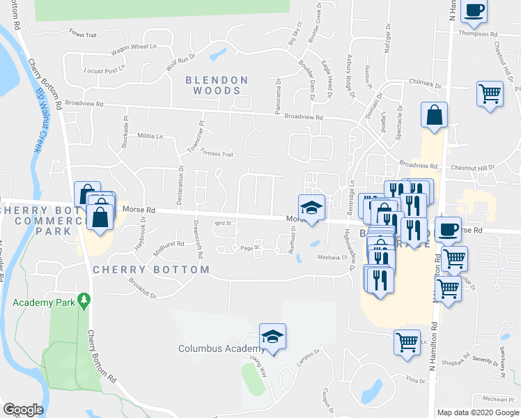 map of restaurants, bars, coffee shops, grocery stores, and more near 3916 Roxham Court in Columbus