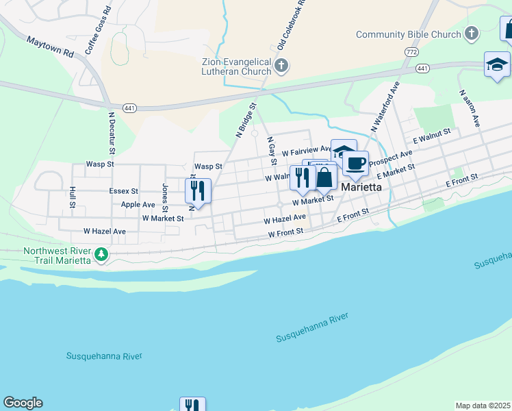 map of restaurants, bars, coffee shops, grocery stores, and more near 242 West Market Street in Marietta